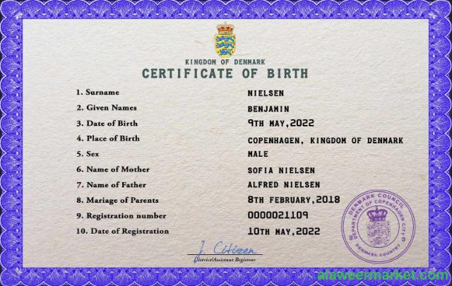 Denmark birth certificate PSD template